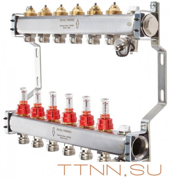 Для отопления Royal Thermo 1" ВР-3/4" НР, 4 выхода с расходомерами, нерж. (RTE 52.104) Для отопления Royal Thermo 1" ВР-3/4" НР, 4 выхода с расходомерами, нерж. (RTE 52.104)